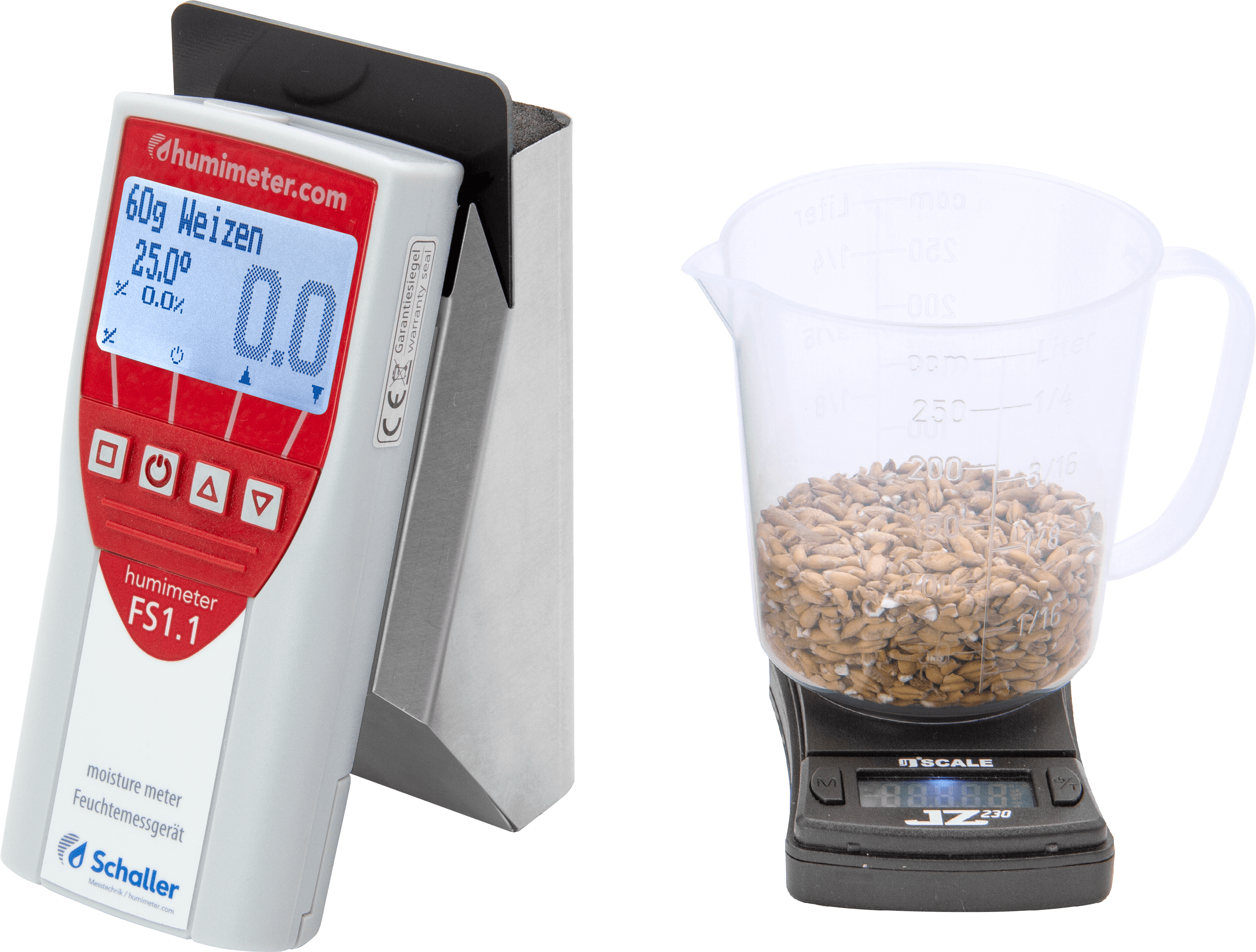 Overview of the scope of delivery humimeter FS1.1. The moisture meter for grain, a 0,25 l measuring cup and a digital scale.