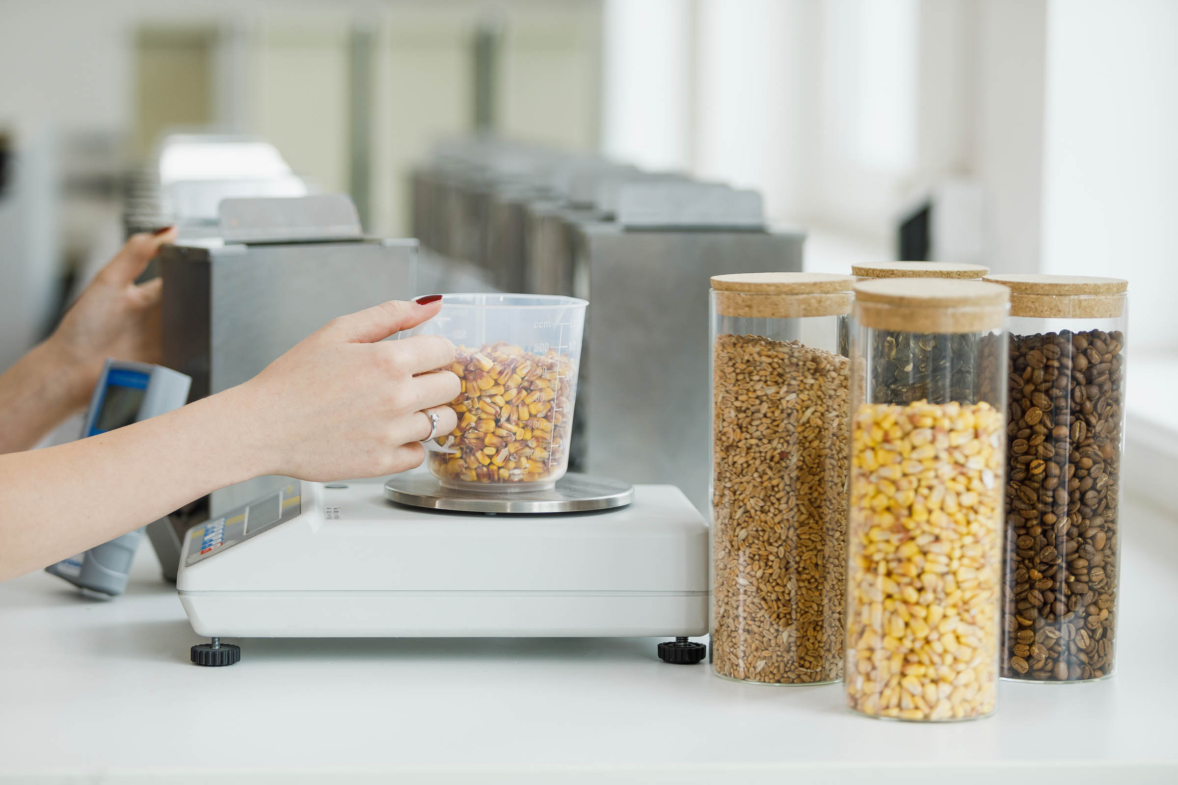 Determination of water content of grain, maize, coffee. Measuring cup on scale with gauges in background