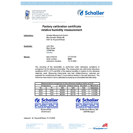 Umidade do material do certificado de calibração de fábrica